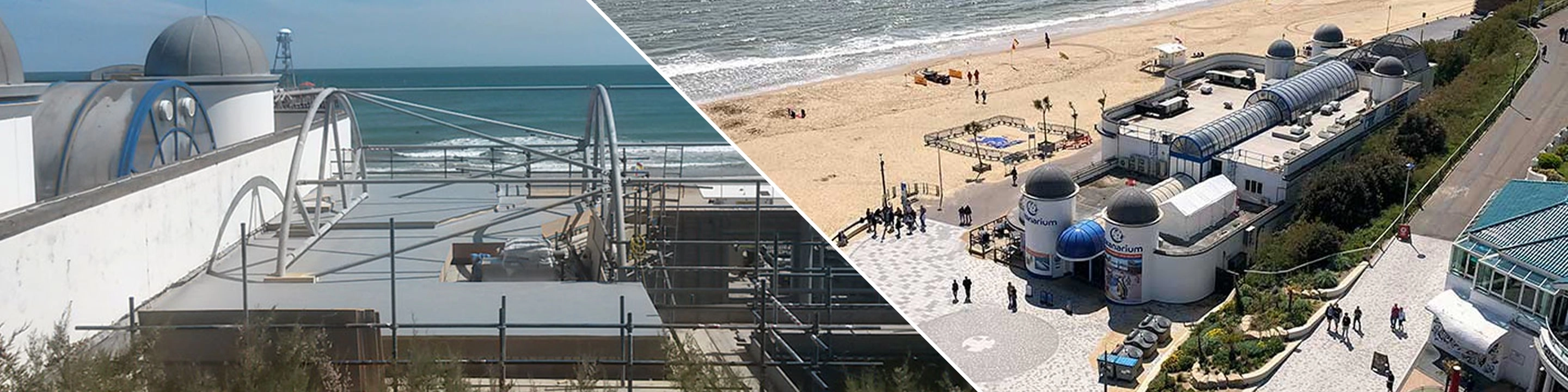 Two angles of the Bournemouth Oceanarium, one of a close-up of the roof and one of an aerial view of the entire oceanarium.