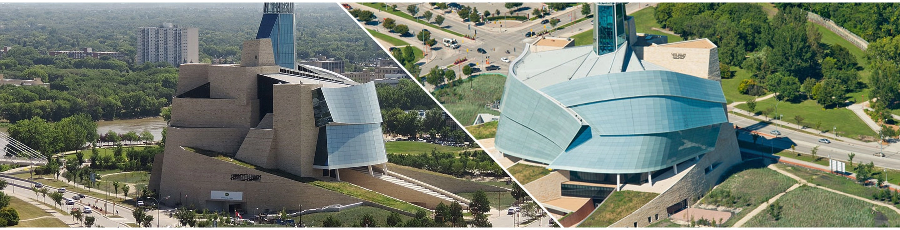 Two angles of the Canadian Museum for Human Rights building, one picture features its layered green roof, and the other picture shows a geometric structure.