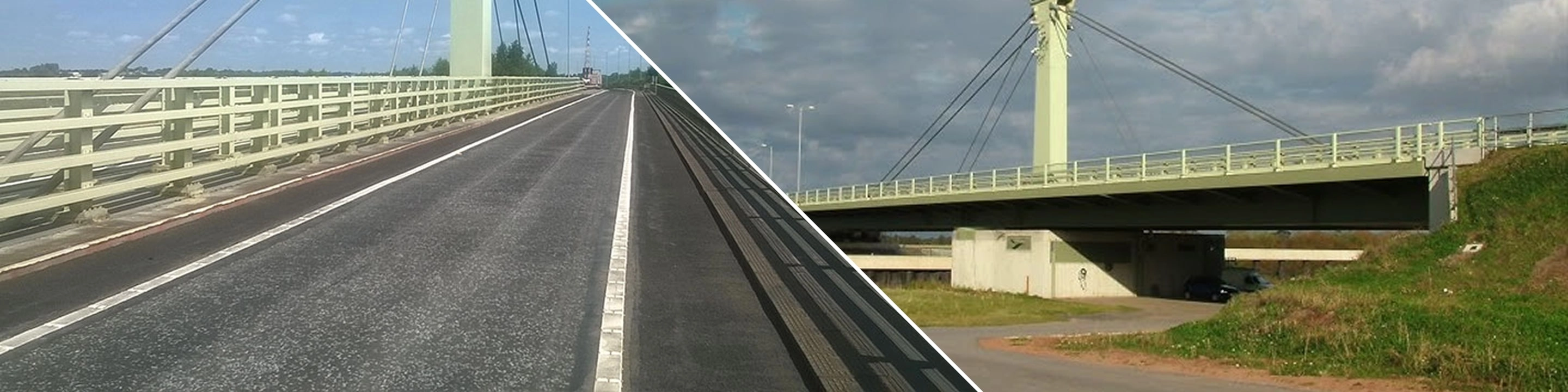 Two angles of the Ouse Swing Bridge, one showing the surface of the bridge and one showing the side of the bridge.