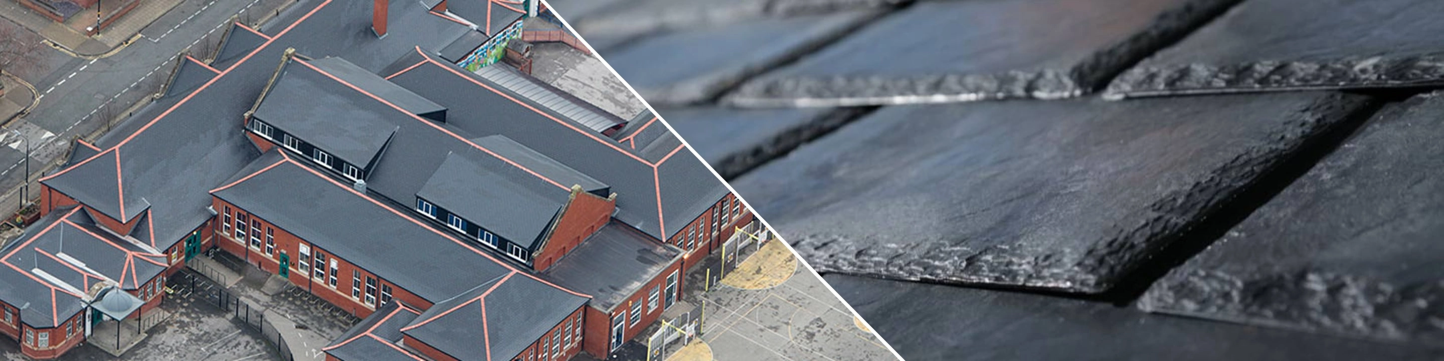 Two angles of the Gorse Hill Primary School, one of an aerial shot and one of a close-up of the IKO shingles used on the roof.