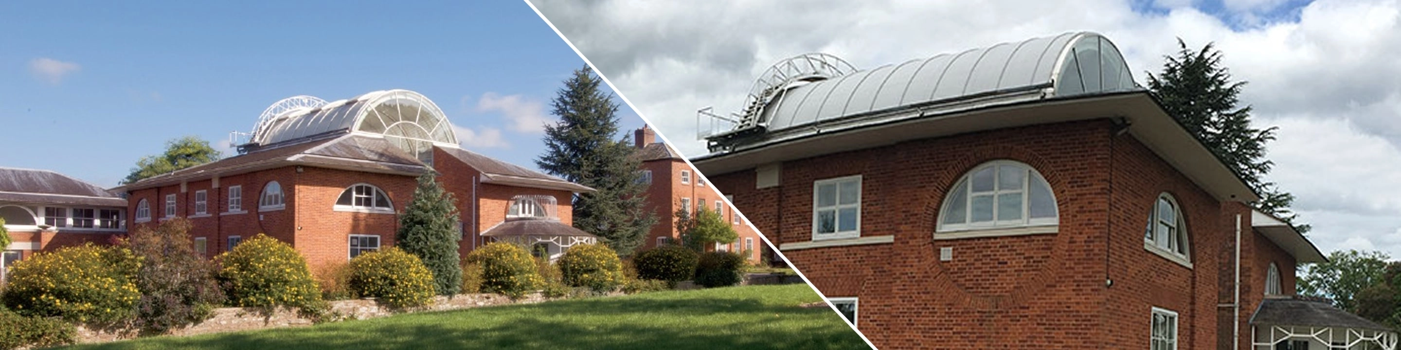 Two different angles of the Buddhist Centre, one showing the entire building with the glass roofing section and one of a close-up of the brick building.